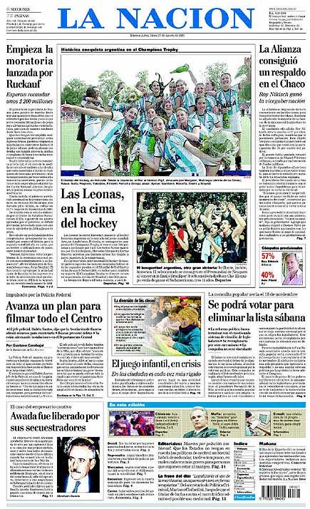 Portada Diario La Naci�n 27-08-2001