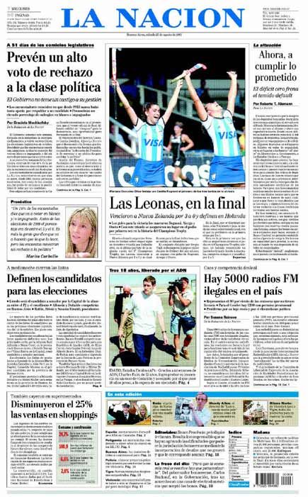 25-08-01 Portada del Diario La Naci�n - Partido contra N. Zelanda - (foto obtenida de portada Diario La Naci�n 25-08-01) 